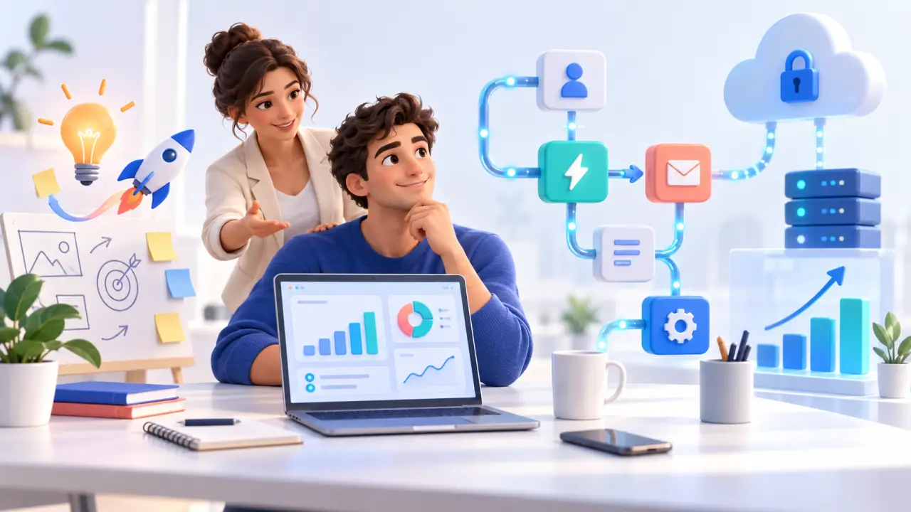 Illustration d'un entrepreneur devant un tableau de bord d'automatisation digitale