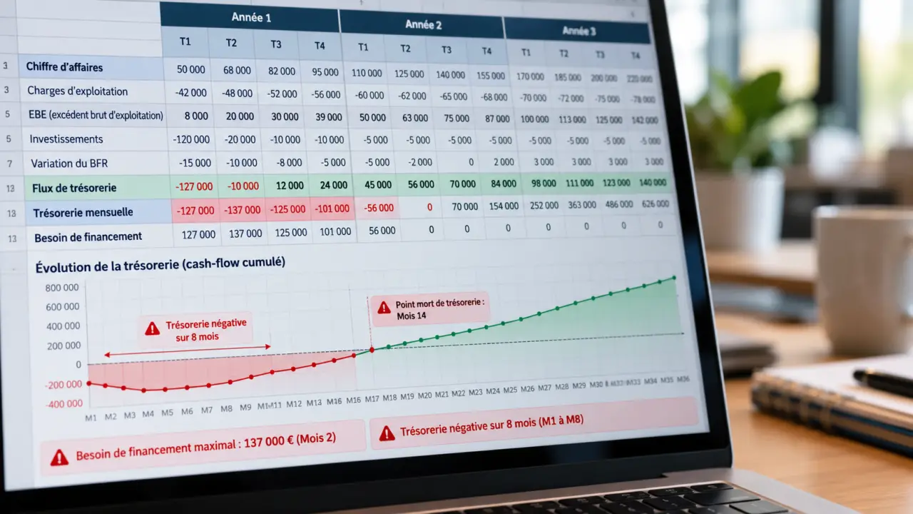 Business plan Excel : prévoir sur 3 ans sans masquer les besoins de trésorerie