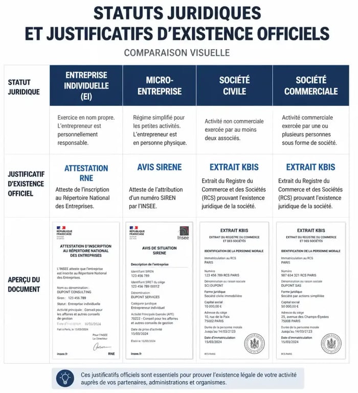 Tableau comparatif des justificatifs d'activité pour profession libérale et Kbis