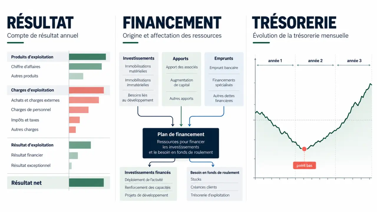 Business plan Excel montrant le lien entre rentabilité, financement et trésorerie mensuelle