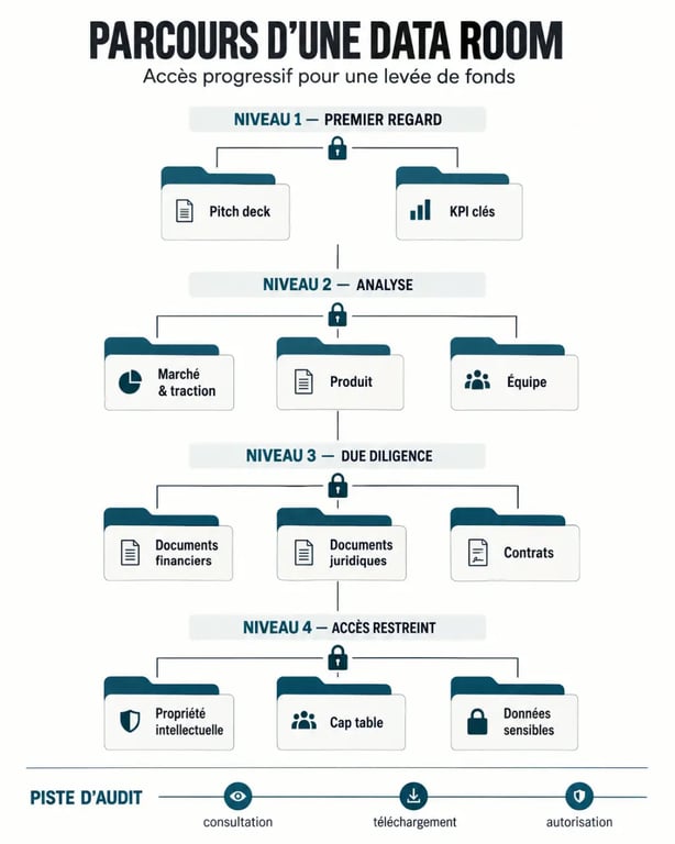 Data room levée de fonds organisée par niveaux d'accès et catégories de documents
