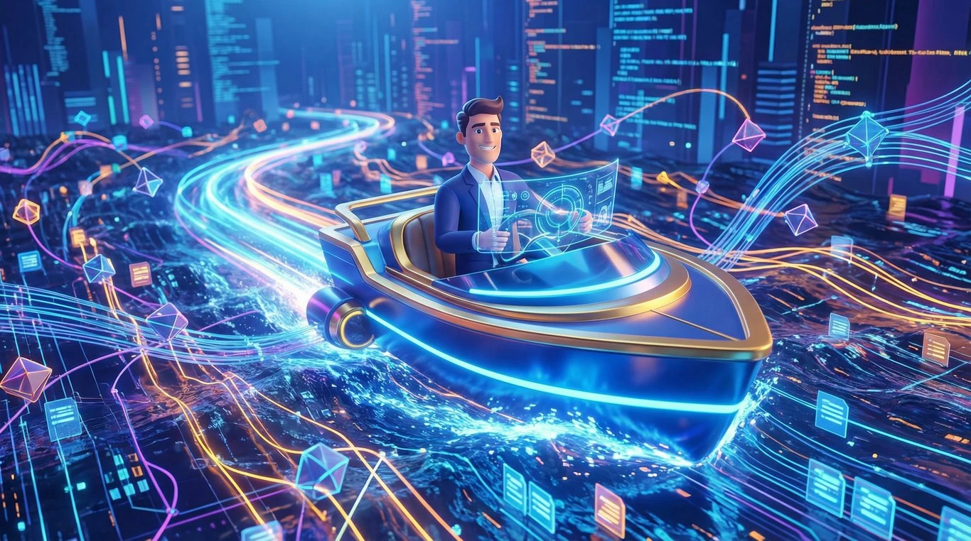 Illustration 3D d'un entrepreneur naviguant dans un écosystème digital futuriste