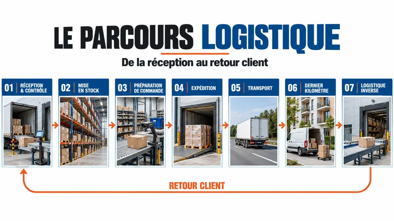 Schéma du parcours de gestion logistique de la réception au retour client
