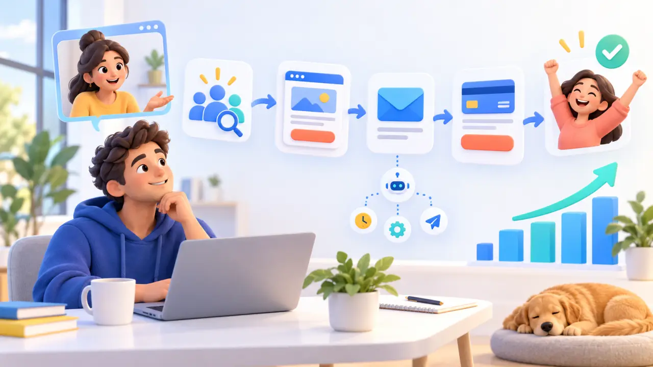 Entrepreneur structurant un parcours client digital sur un écran lumineux