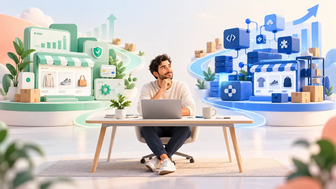 Illustration d'un choix entre Shopify et WooCommerce pour lancer une boutique en ligne