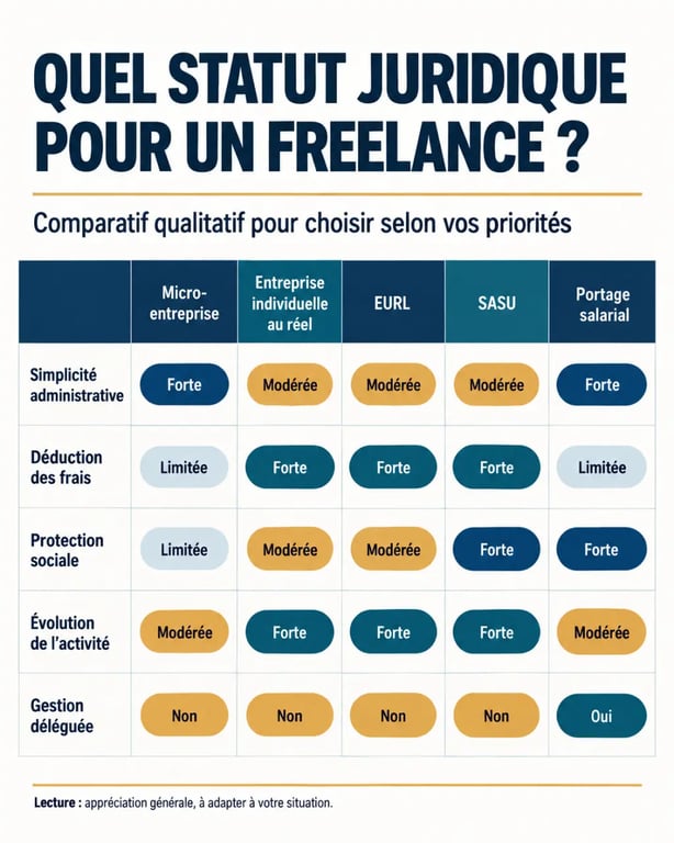 Infographie comparative sur le meilleur statut juridique pour un freelance : micro-entreprise, EI, EURL, SASU et portage salarial