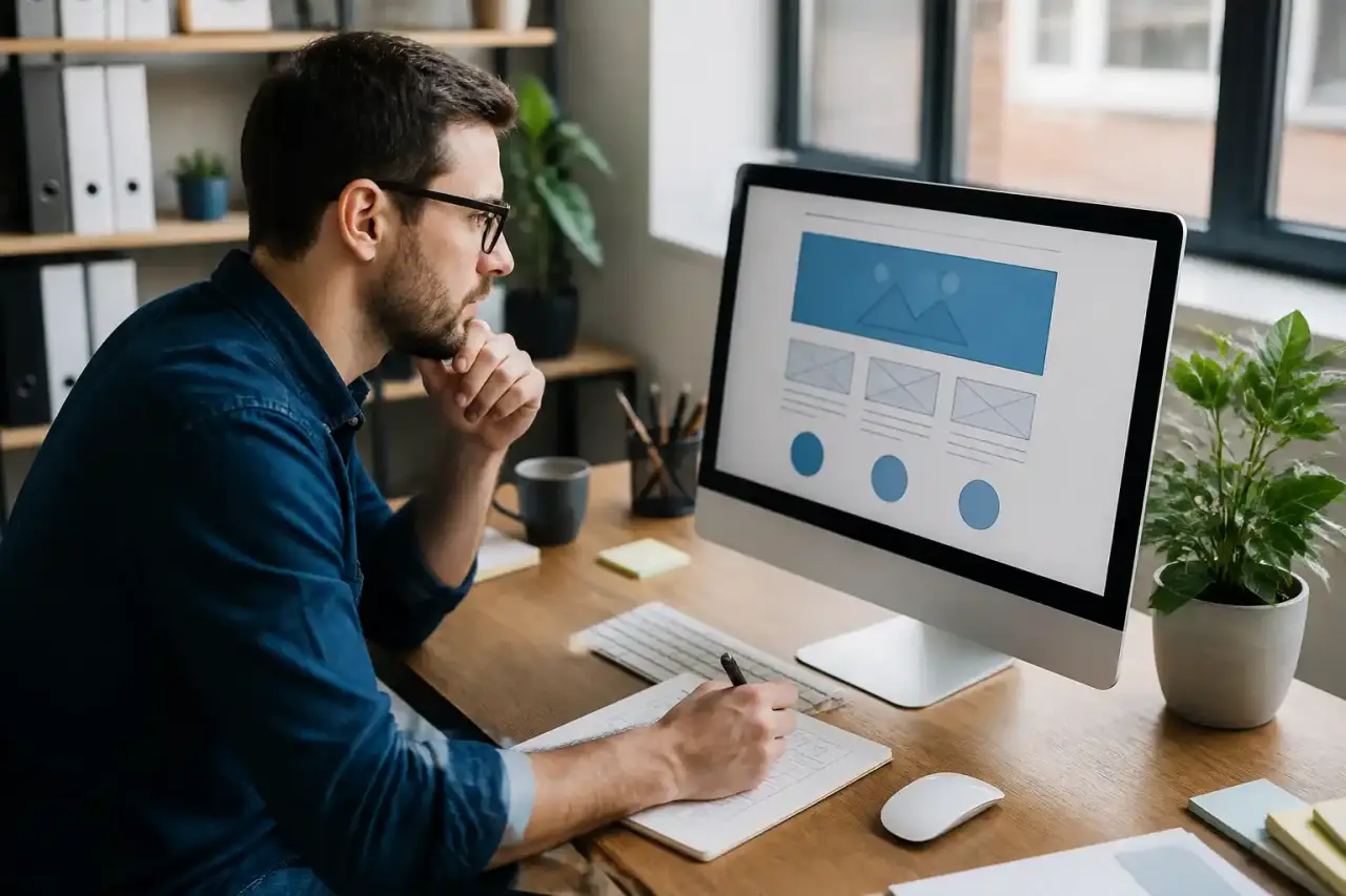 Illustration d’un entrepreneur pilotant un projet web sur fond digital