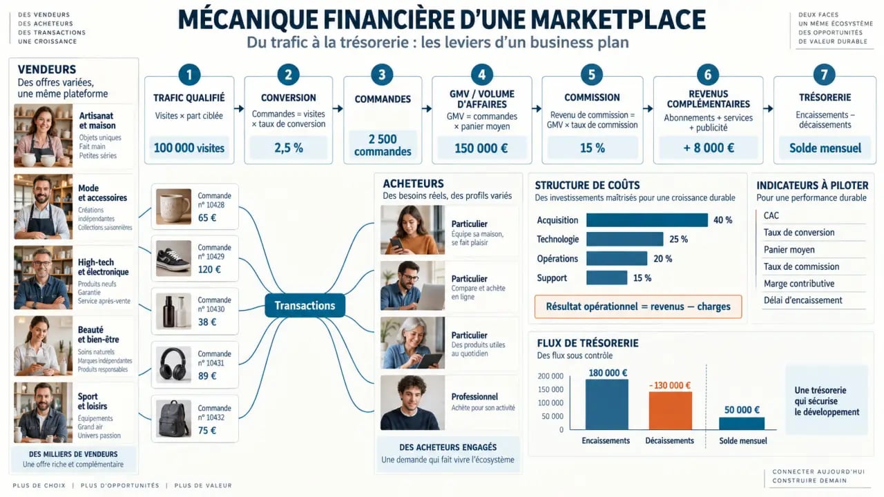 Infographie du business plan marketplace, du trafic au GMV et à la rentabilité