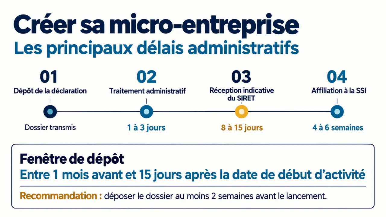 Combien de temps pour créer une micro entreprise : timeline des délais de déclaration, SIRET et affiliation