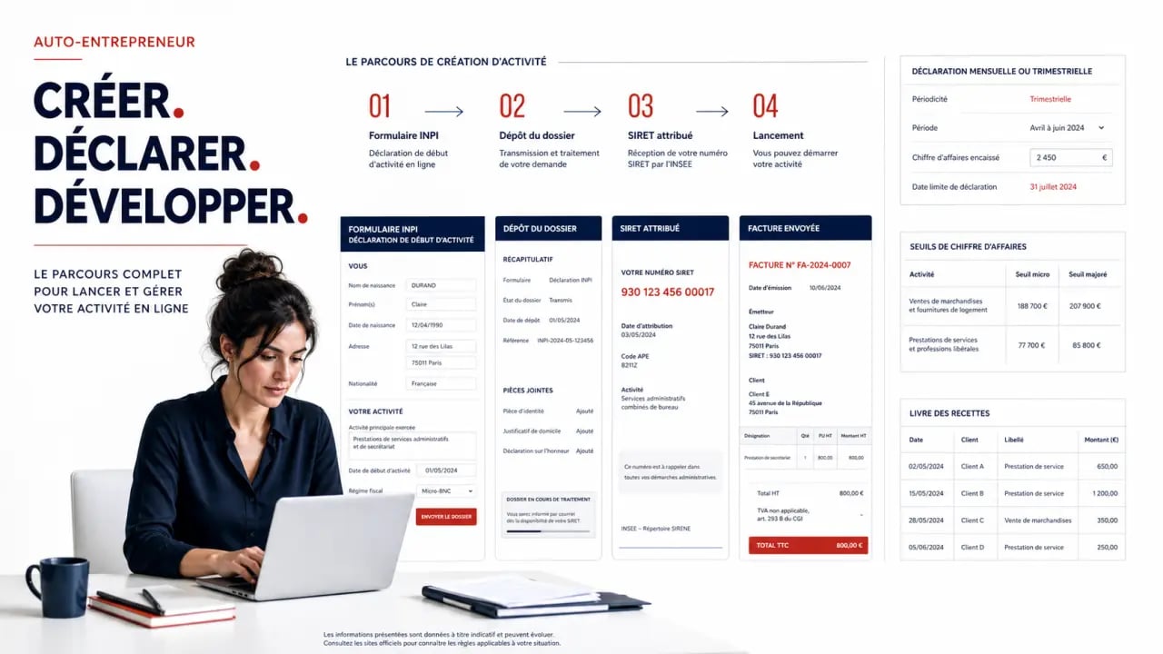 Secretaire auto entrepreneur : parcours de création d'activité, SIRET et facturation