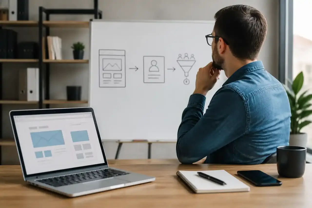 Entrepreneur pilotant son écosystème digital avec site web, CRM et tunnel de vente