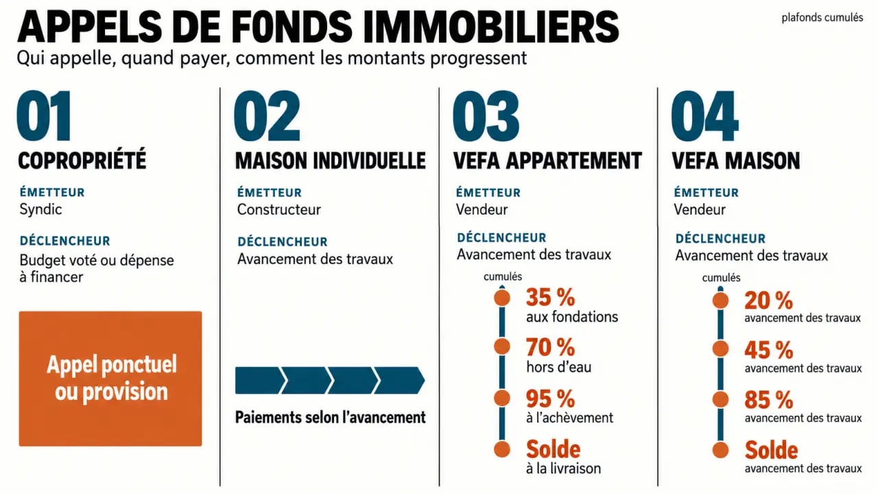 Appels de fonds : comparaison des échéances en copropriété, maison individuelle et VEFA