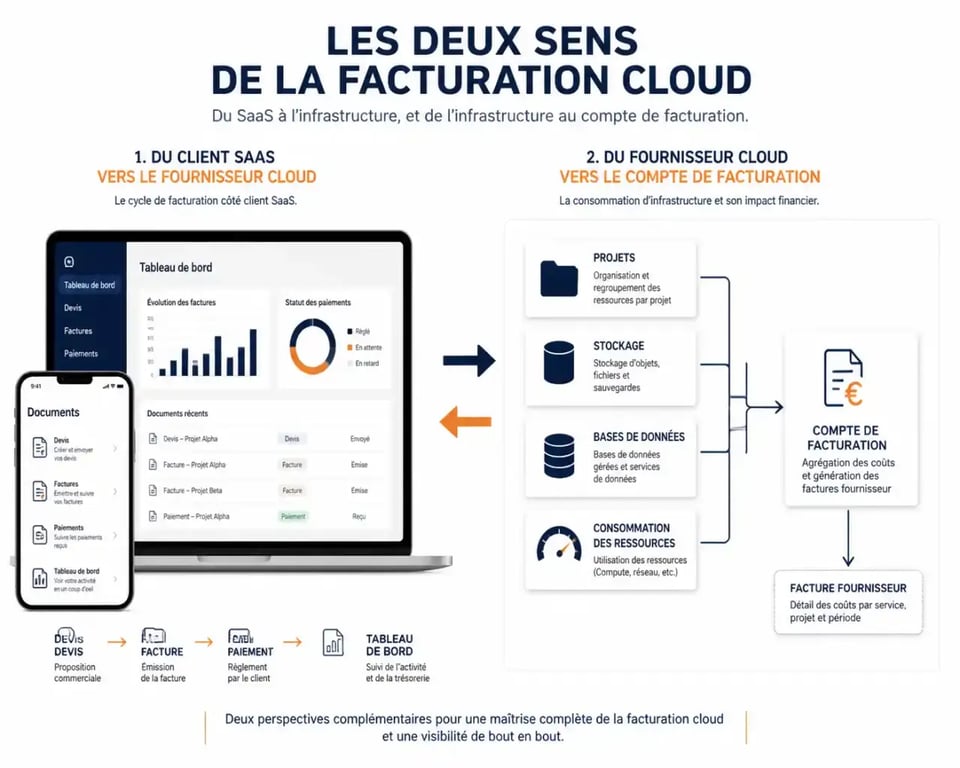 Infographie sur les deux sens de la facturation cloud : logiciel de facturation et services d’infrastructure