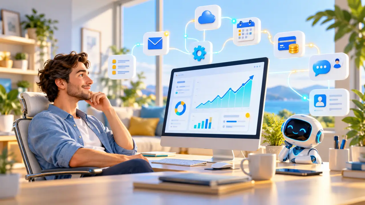 Entrepreneur pilotant une activité web automatisée grâce à des outils numériques